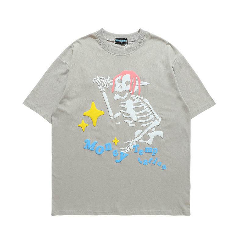 Skull Print American Loose Couple Half Sleeve T-Shirt Apricot MuddyStock