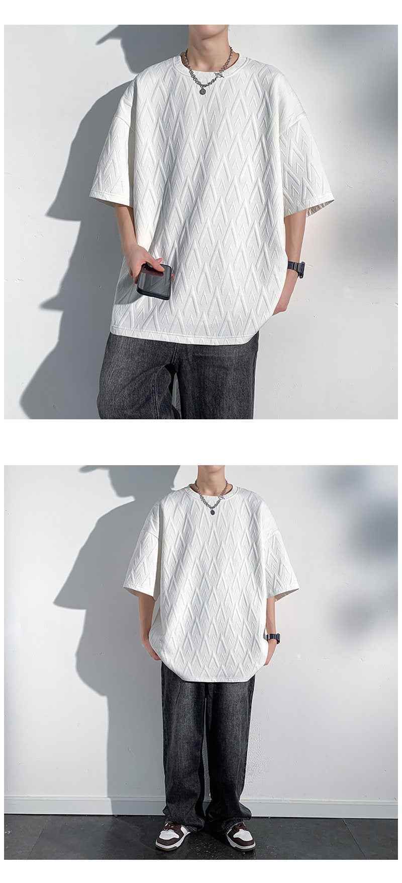 Mid-sleeve Bottoming Shirt Men's Round Neck Jacquard Solid Color Plus Size T-shirt MuddyStock
