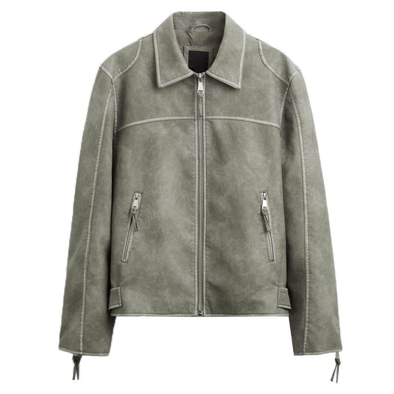 Men's Zipper Distressed Retro Washed Jacket Gray MuddyStock