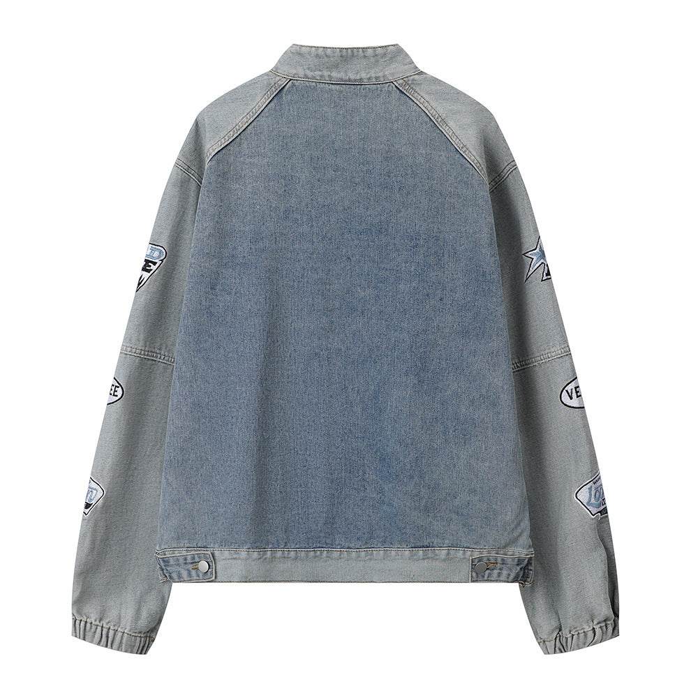 Men's Stitching Embroidered Letters Washed And Worn Zipper Denim Coat For Men And Women MuddyStock