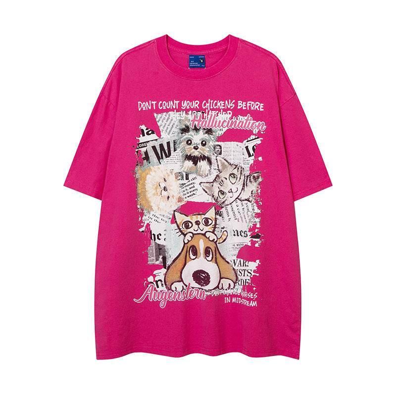 Hand Drawn Cartoon Distressed Printed Short Sleeve Men And Women Rose Red