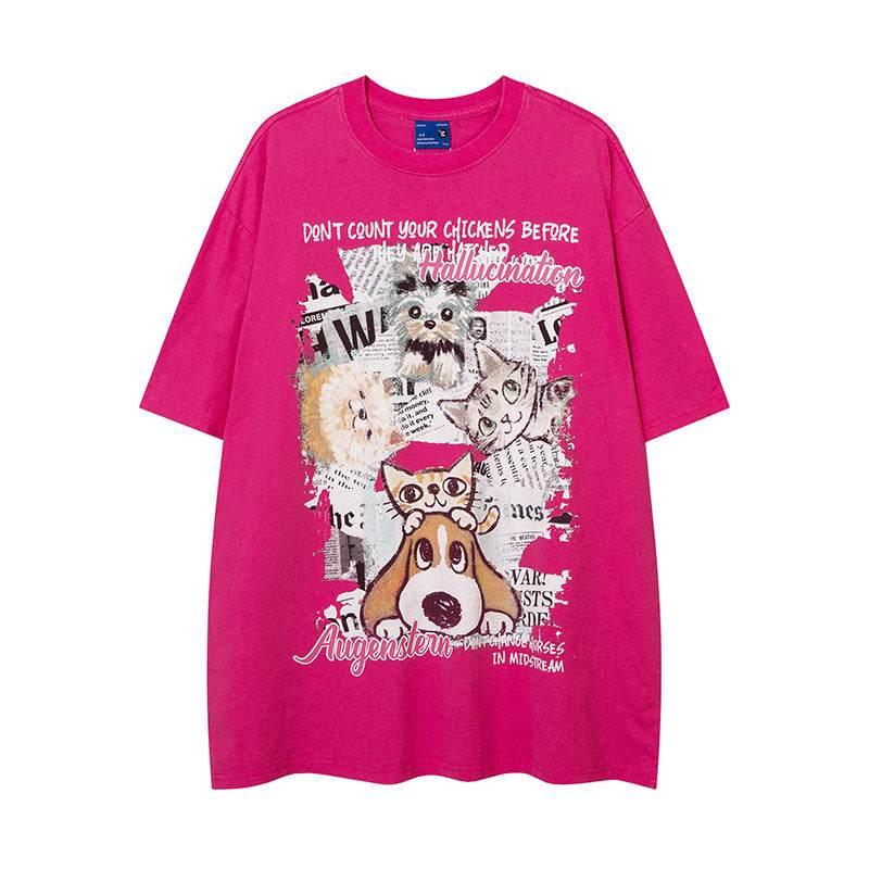 Hand Drawn Cartoon Distressed Printed Short Sleeve Men And Women Rose Red MuddyStock