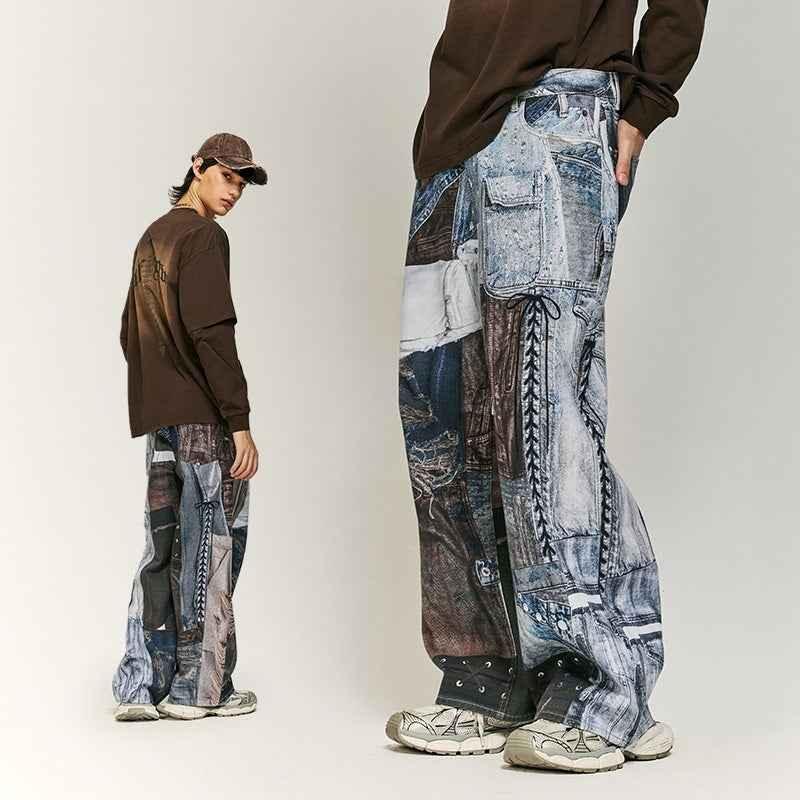 Vintage Patchwork Digital Printing Jeans For Men And Women