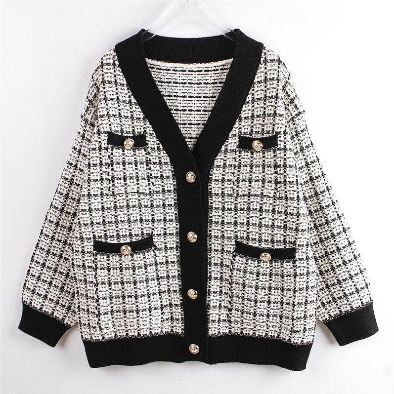 Knitted Jacket Women's Cardigan Plaid Loose Thickening Small Fragrance Style Foreign Style White Onesize MuddyStock