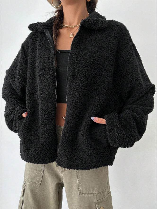 Women's Regular Fit Teddy Fleece Drop Shoulder Jacket Black MuddyStock