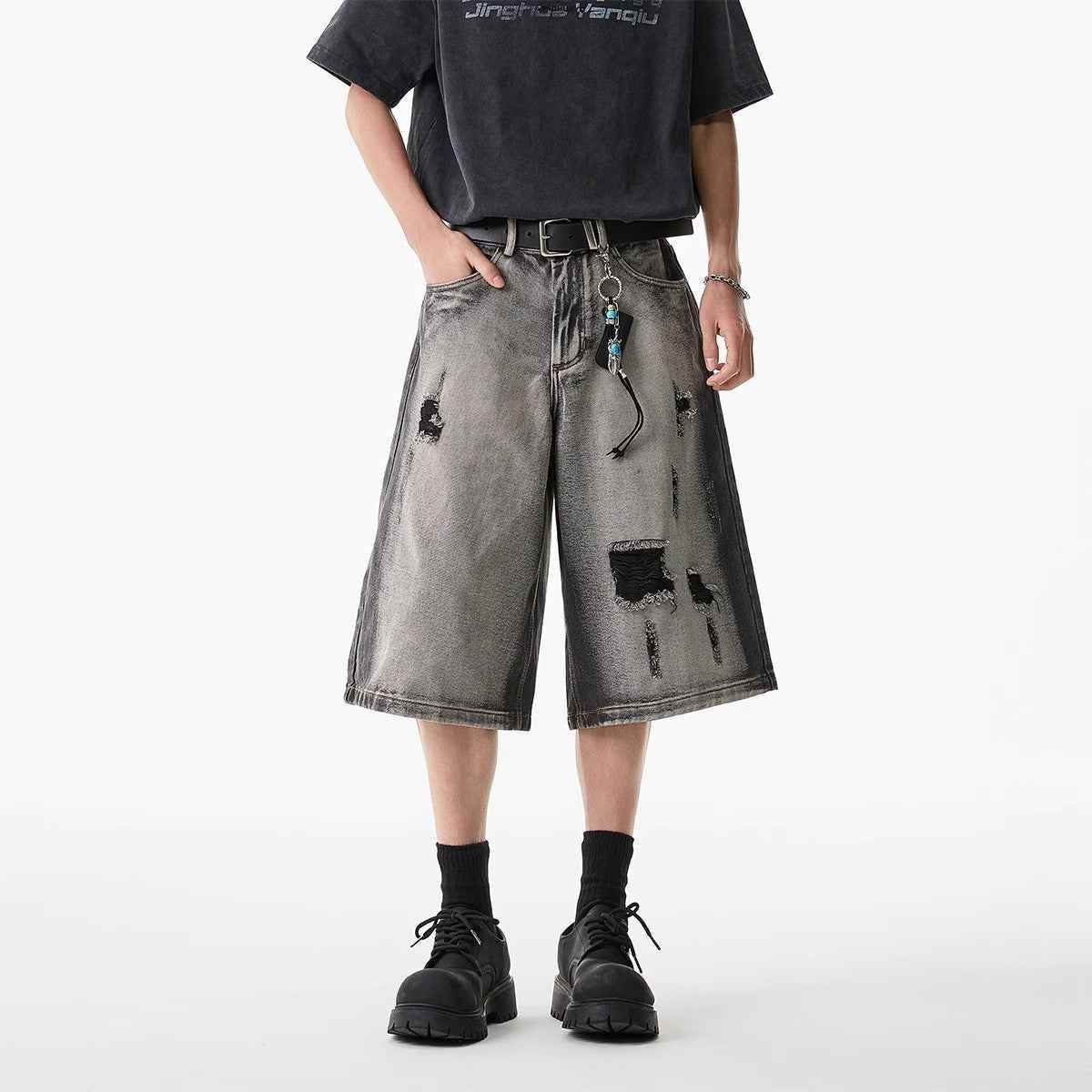 High Street Washed Hole Denim Shorts For Men MuddyStock