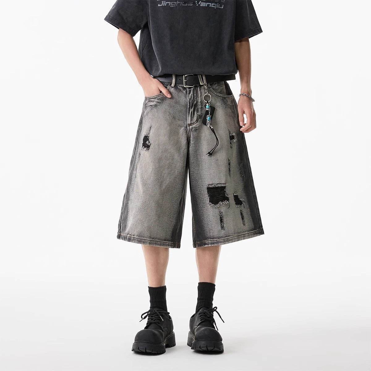 High Street Washed Hole Denim Shorts For Men Gray MuddyStock