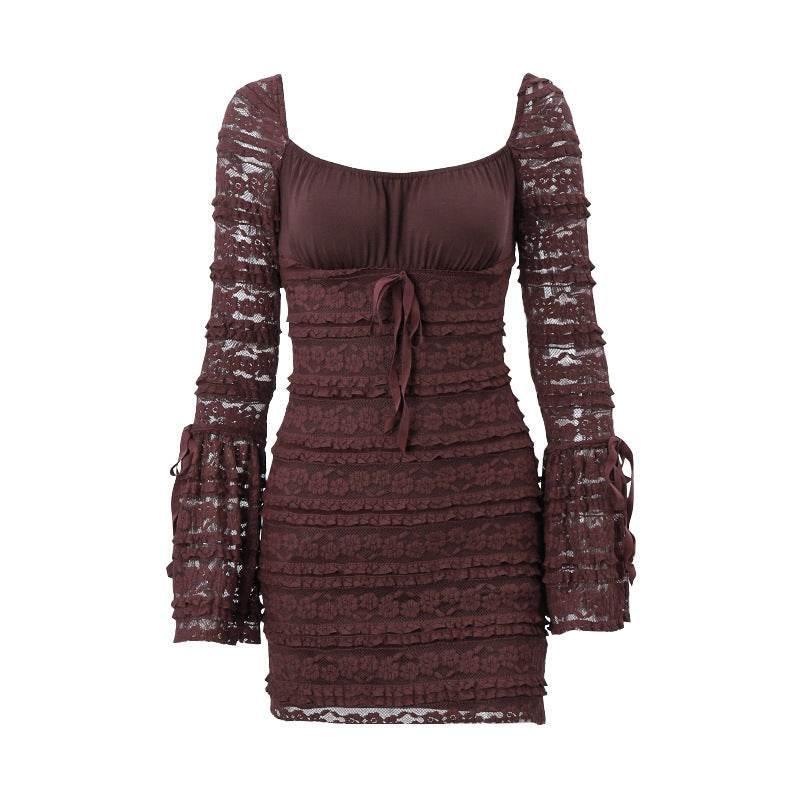 Bell Sleeve Sheath Dress Women Brown