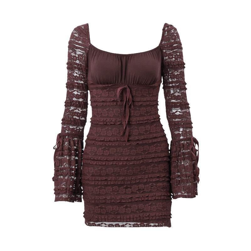 Bell Sleeve Sheath Dress Women Brown MuddyStock
