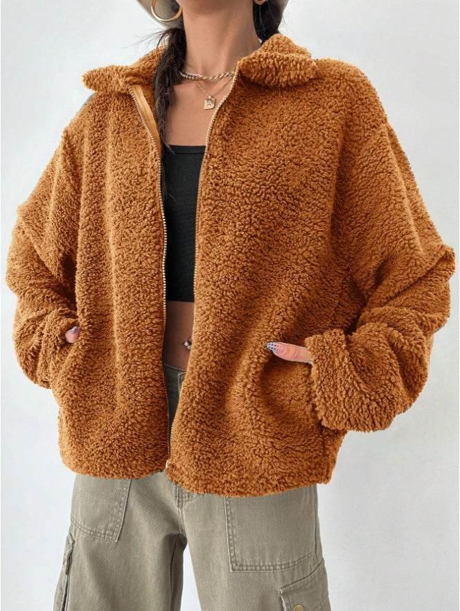 Women's Regular Fit Teddy Fleece Drop Shoulder Jacket Brown