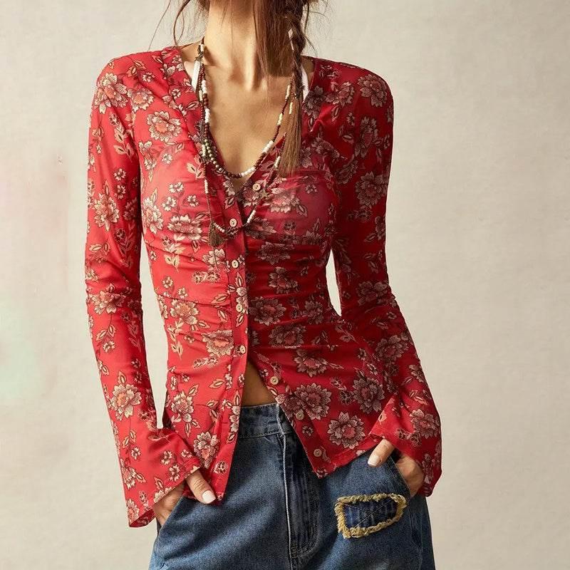 Women Button Down Long Sleeve V Neck Ruched Fitted Top Red