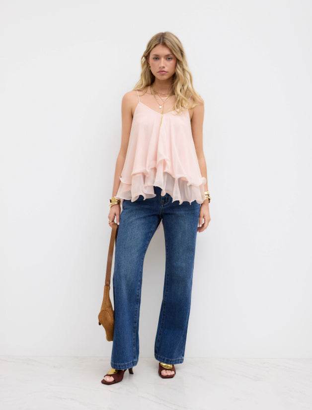 Mesh Camisole Short Top With Laminated Ruffles MuddyStock