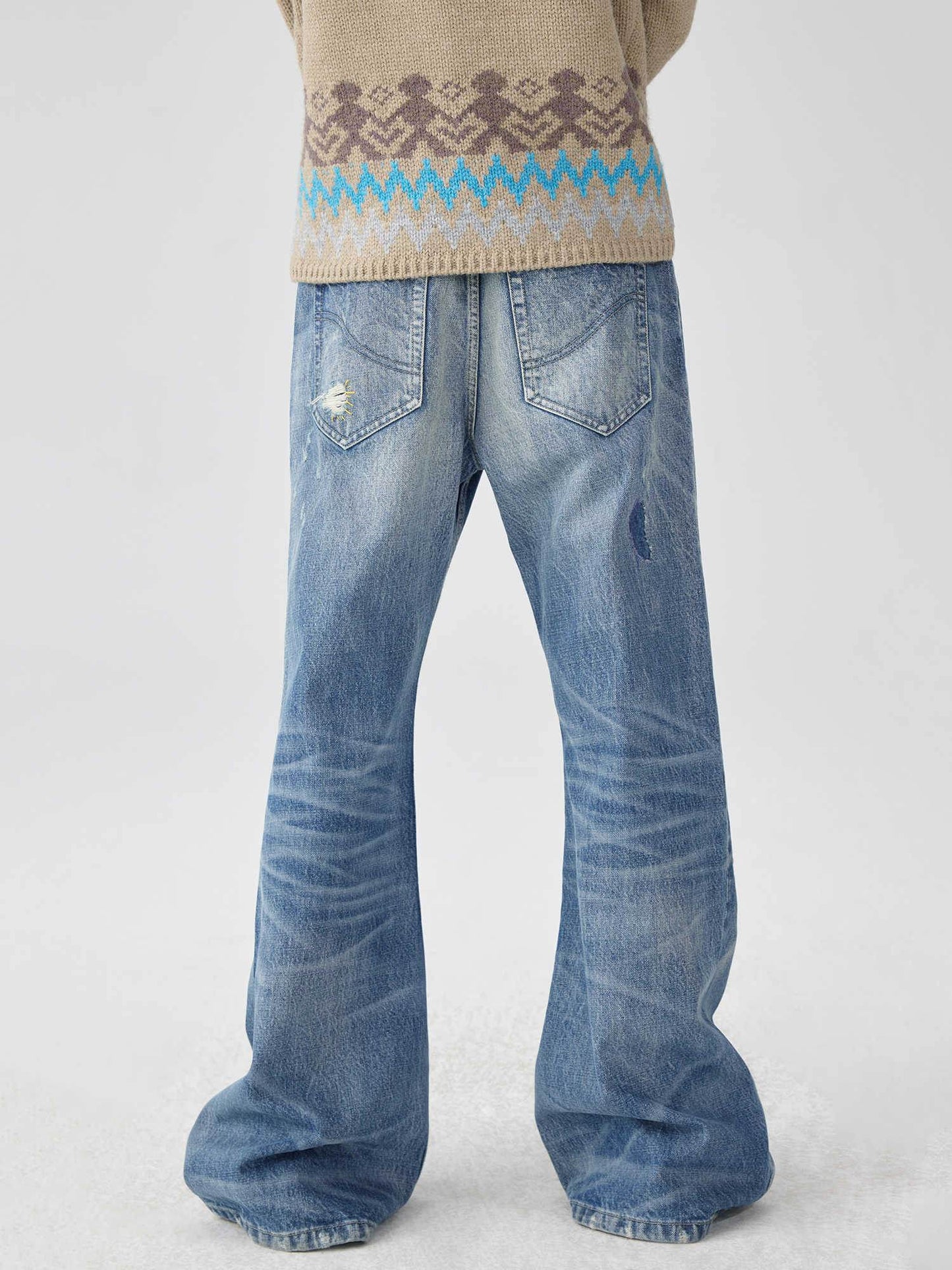 Washed Blue Patch Color Wire-track Flared Jeans For Men And Women MuddyStock