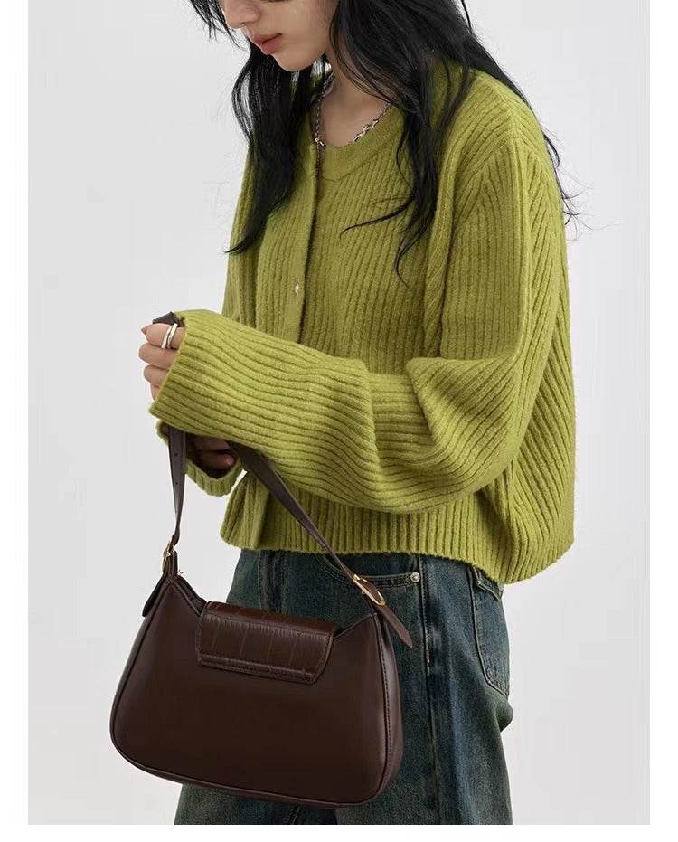 Autumn And Winter Simple Round Neck Knitted Cardigan Green Free Size MuddyStock