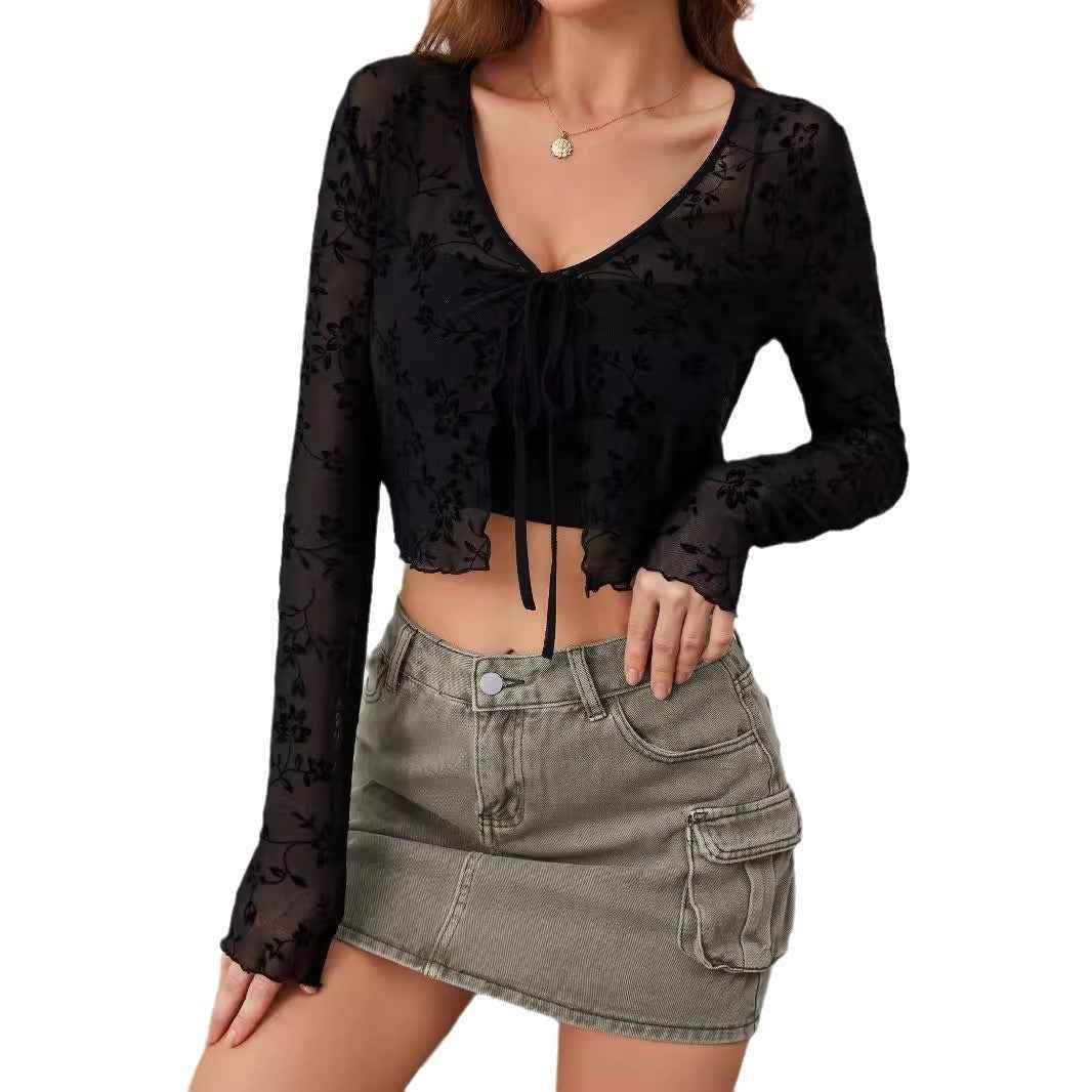 European And American Elegant Women's Transparent Mesh Flocking Front Lace-up Top MuddyStock