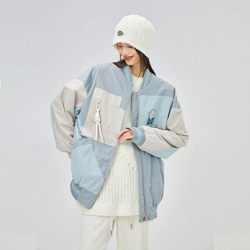 Trendy Jacket With Contrast Color Stitching For Women Haze blue