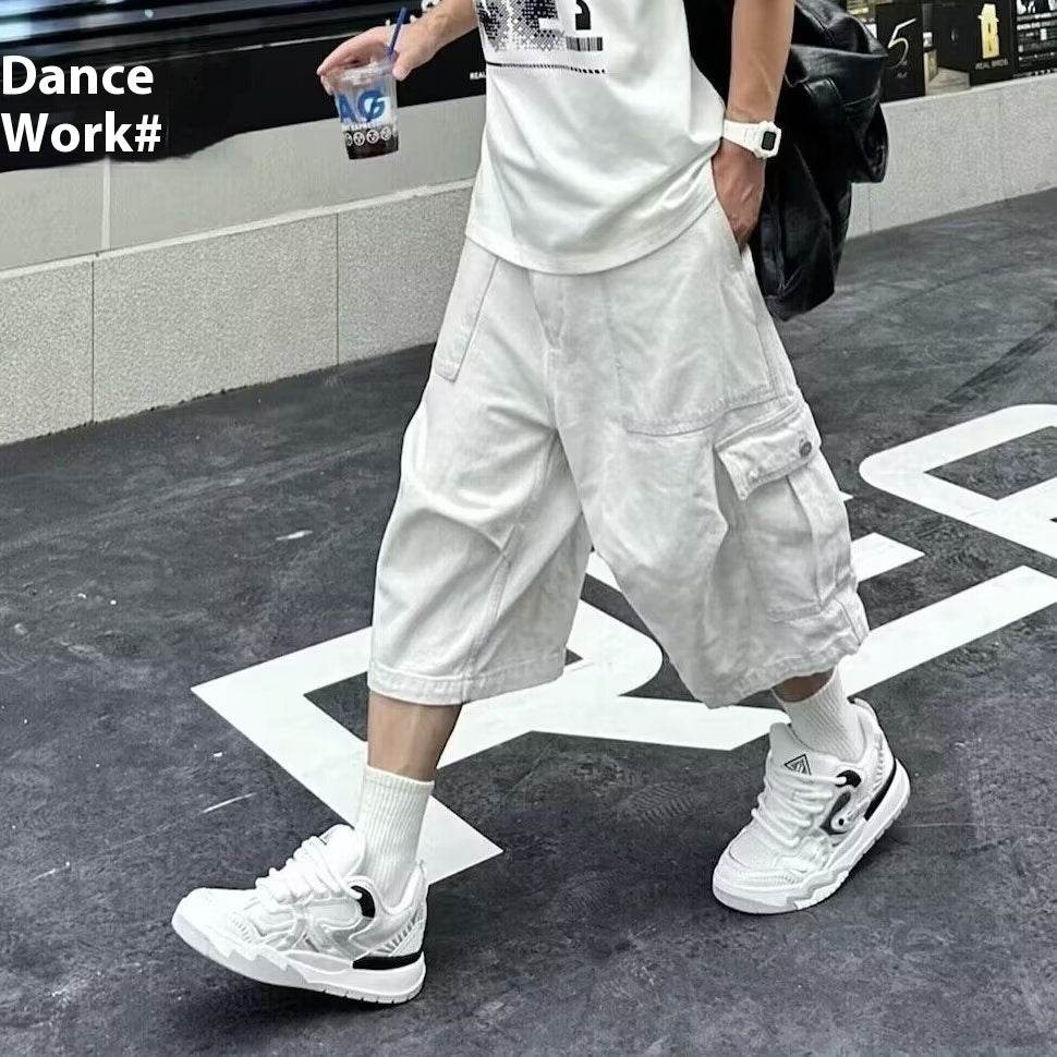 All-matching Loose Straight Cargo Cropped Pants Casual Pants Trendy White MuddyStock