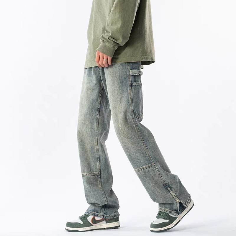 American High Street Multi-pocket Zipper Cargo Jeans For Men Blue MuddyStock