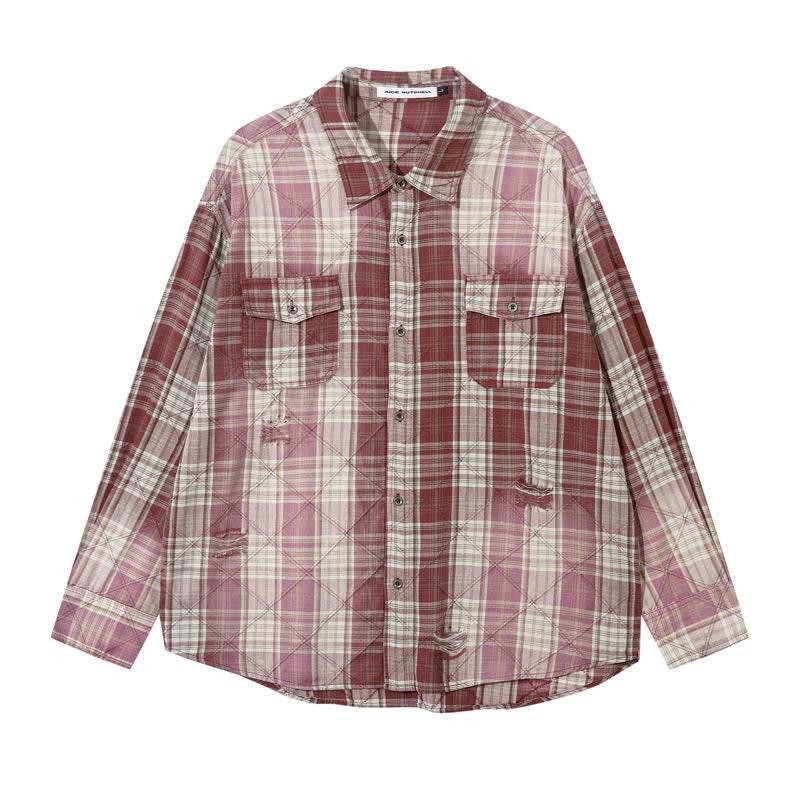 Dip-Dyed Washed Faded Plaid Shirt with Ripped For Men And Women | MuddyStock Originals Red