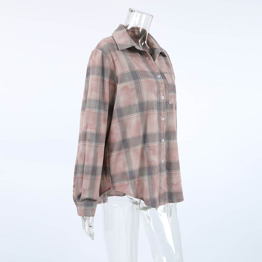 Retro loose long sleeved checkered shirt for women MuddyStock