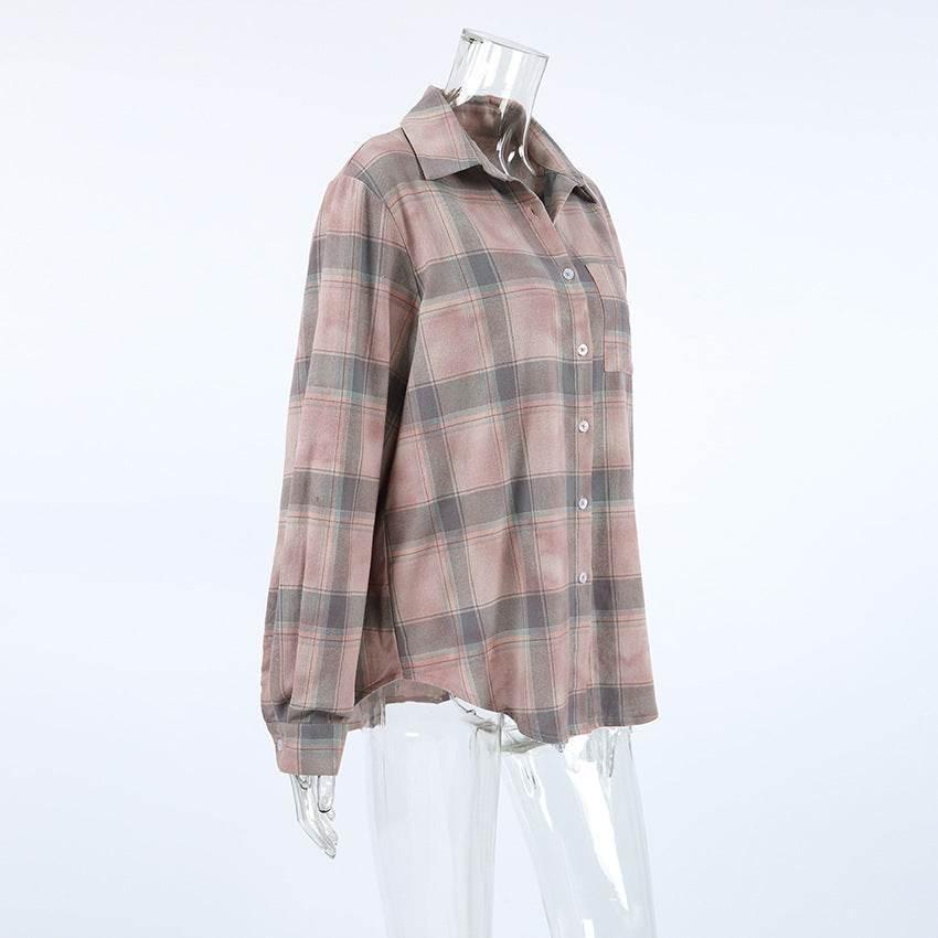 Retro loose long sleeved checkered shirt for women
