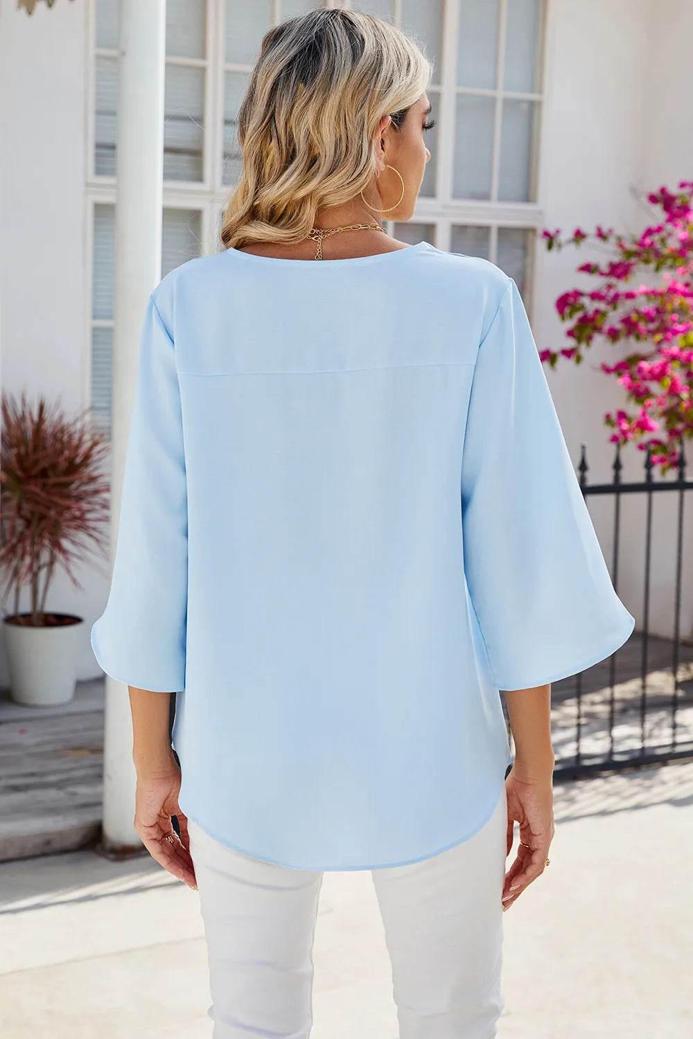 Solid color V-neck mid sleeved loose chiffon women's top | MuddyStock Originals MuddyStock