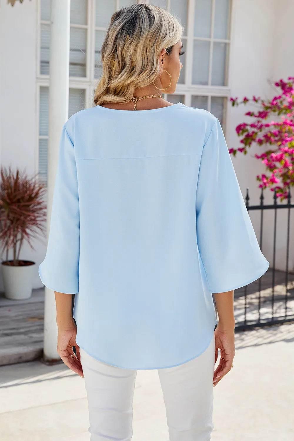 Solid color V-neck mid sleeved loose chiffon women's top | MuddyStock Originals