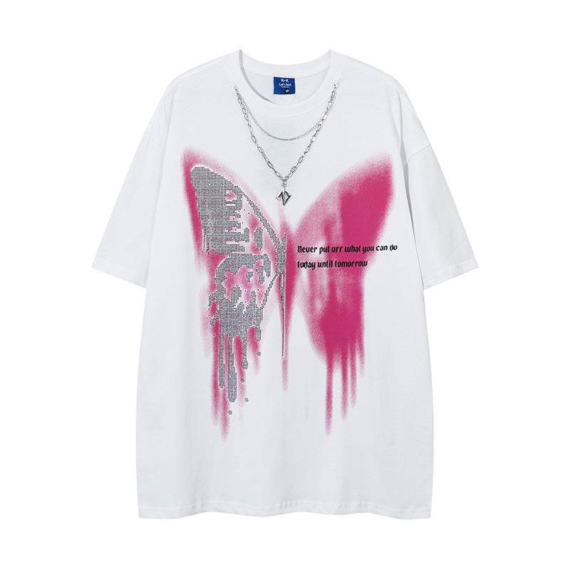 Butterfly Rhinestone Printed Necklace T-shirt For Men And Women White MuddyStock