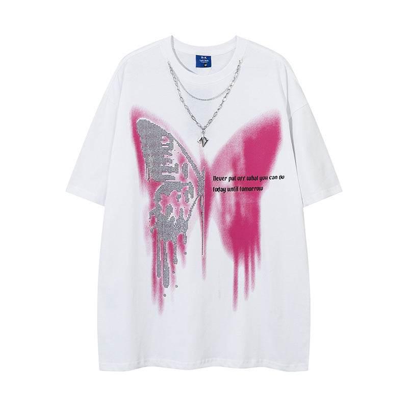 Butterfly Rhinestone Printed Necklace T-shirt For Men And Women White