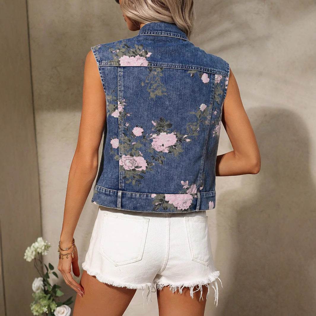 Women's Flower Print Denim Vest Summer Casual MuddyStock