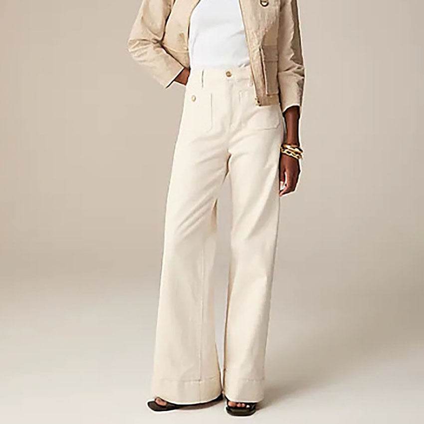 Women's Loose Leisure Washed-out Button Wide-leg Skinny Jeans White Conventional Style MuddyStock