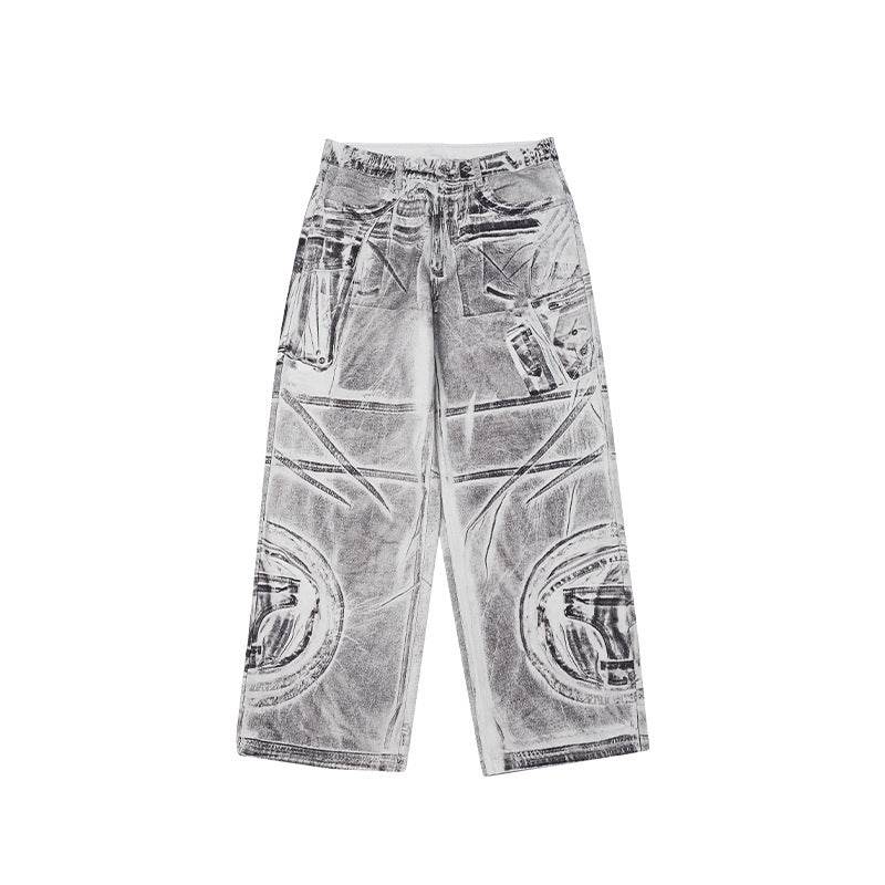 Stitching Brush Color Digital Printing Jeans Loose-fitting Wide-leg Trousers Picture Color MuddyStock