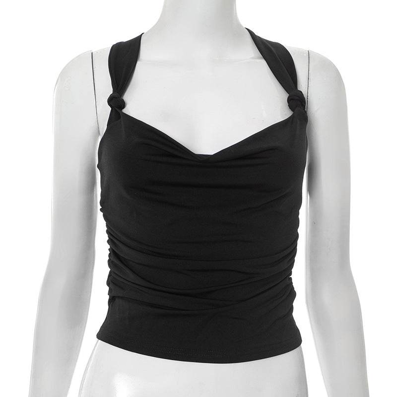 Women's Summer Pleated Cross-Back Short Crop Tank Top | MuddyStock Originals Black MuddyStock