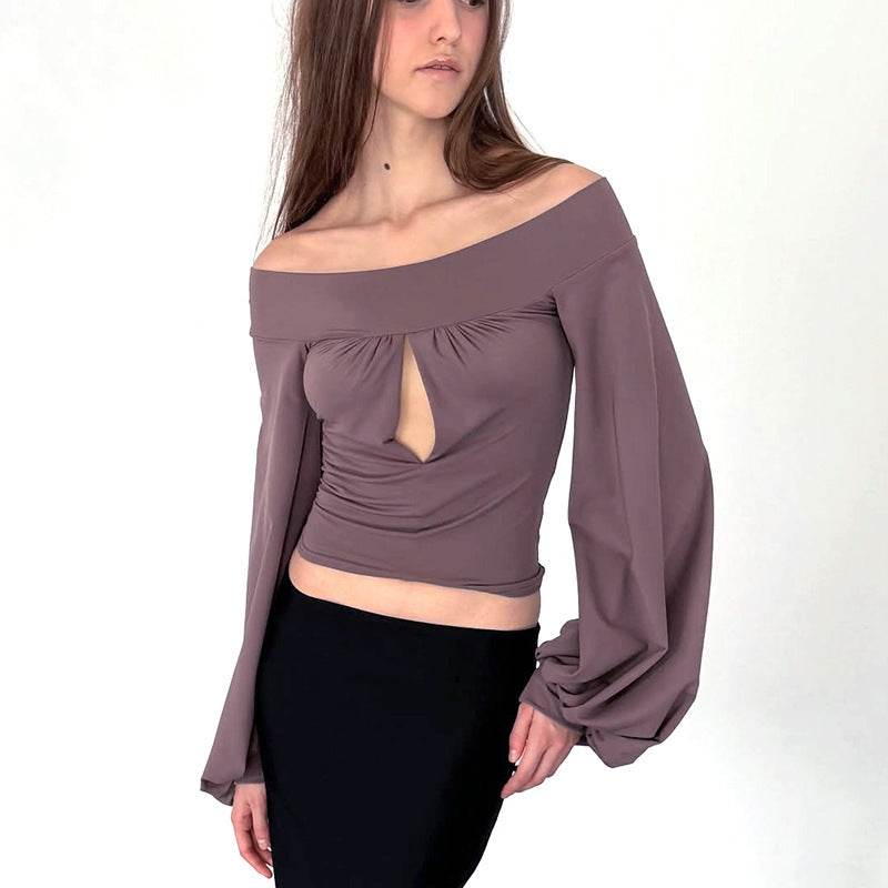 European And American-style Off-neck Lantern Sleeve Hollow-out Top For Women MuddyStock