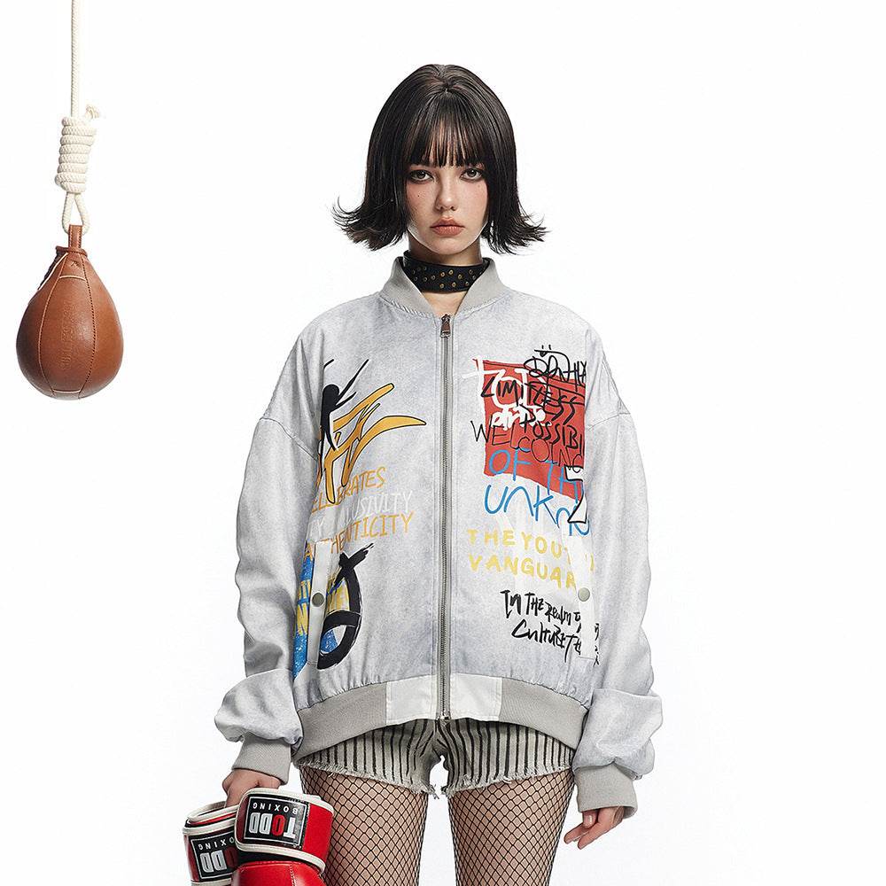 Printed Graffiti Letter Pilot Jacket For Women MuddyStock