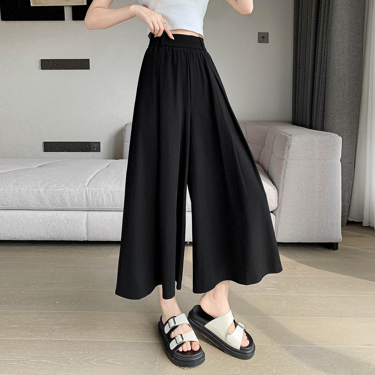 Korean Style Elastic Waistband Women's Straight Loose Pants Black MuddyStock