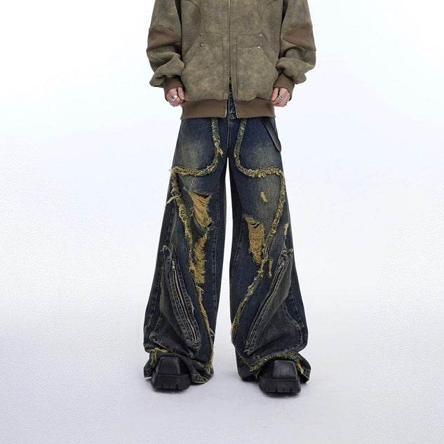 Retro Distressed Heavy Niche Deconstruction Tasseled Jeans MuddyStock