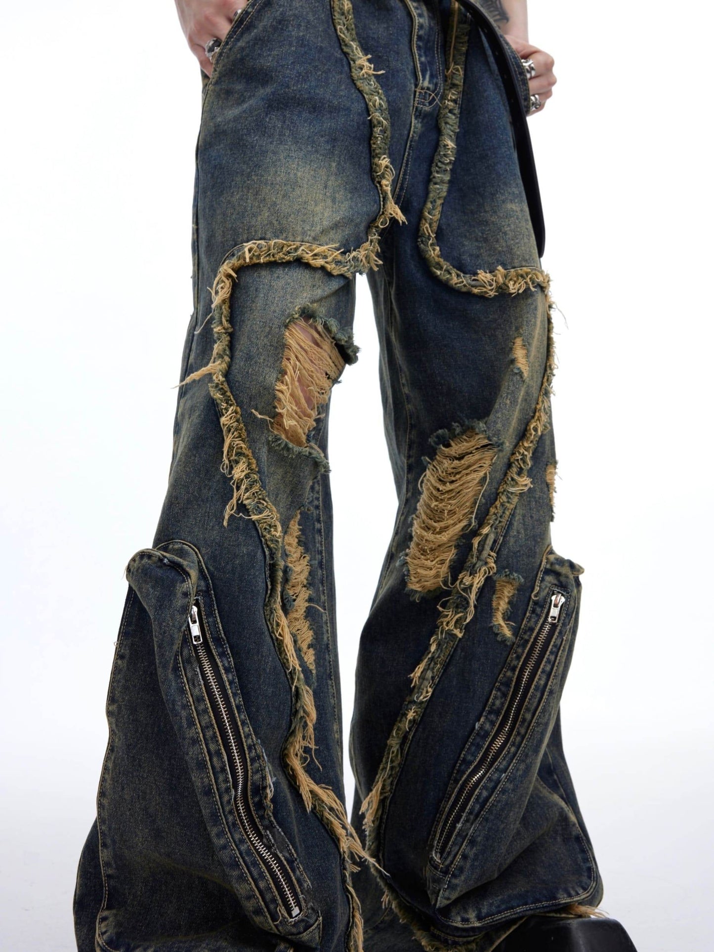 Retro Distressed Heavy Niche Deconstruction Tasseled Jeans MuddyStock