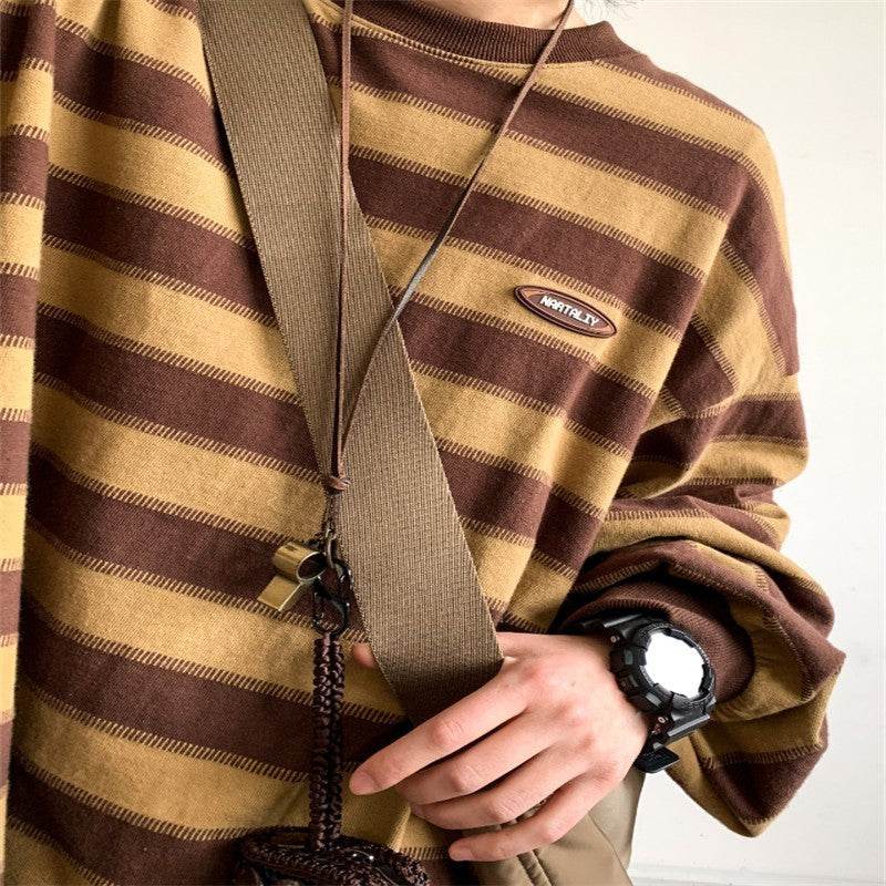 Japanese-style Retro Striped Long Sleeve T-shirt Loose Khaki Couple's Shirts MuddyStock