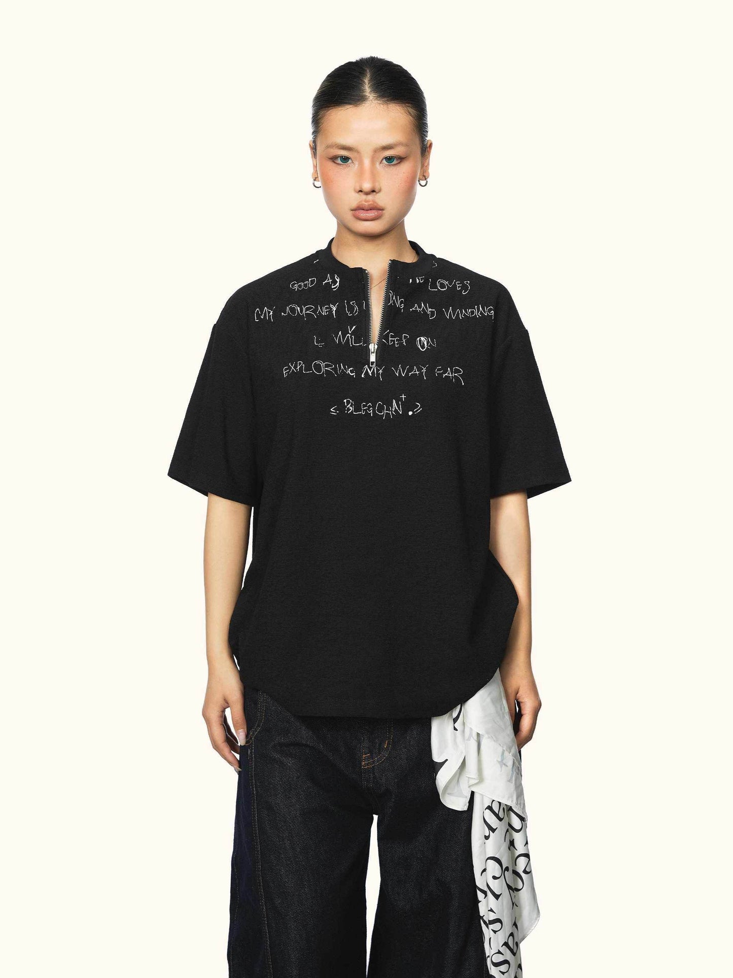 Women's Same Style American Letter Print Half Zipper Short Sleeve Black MuddyStock