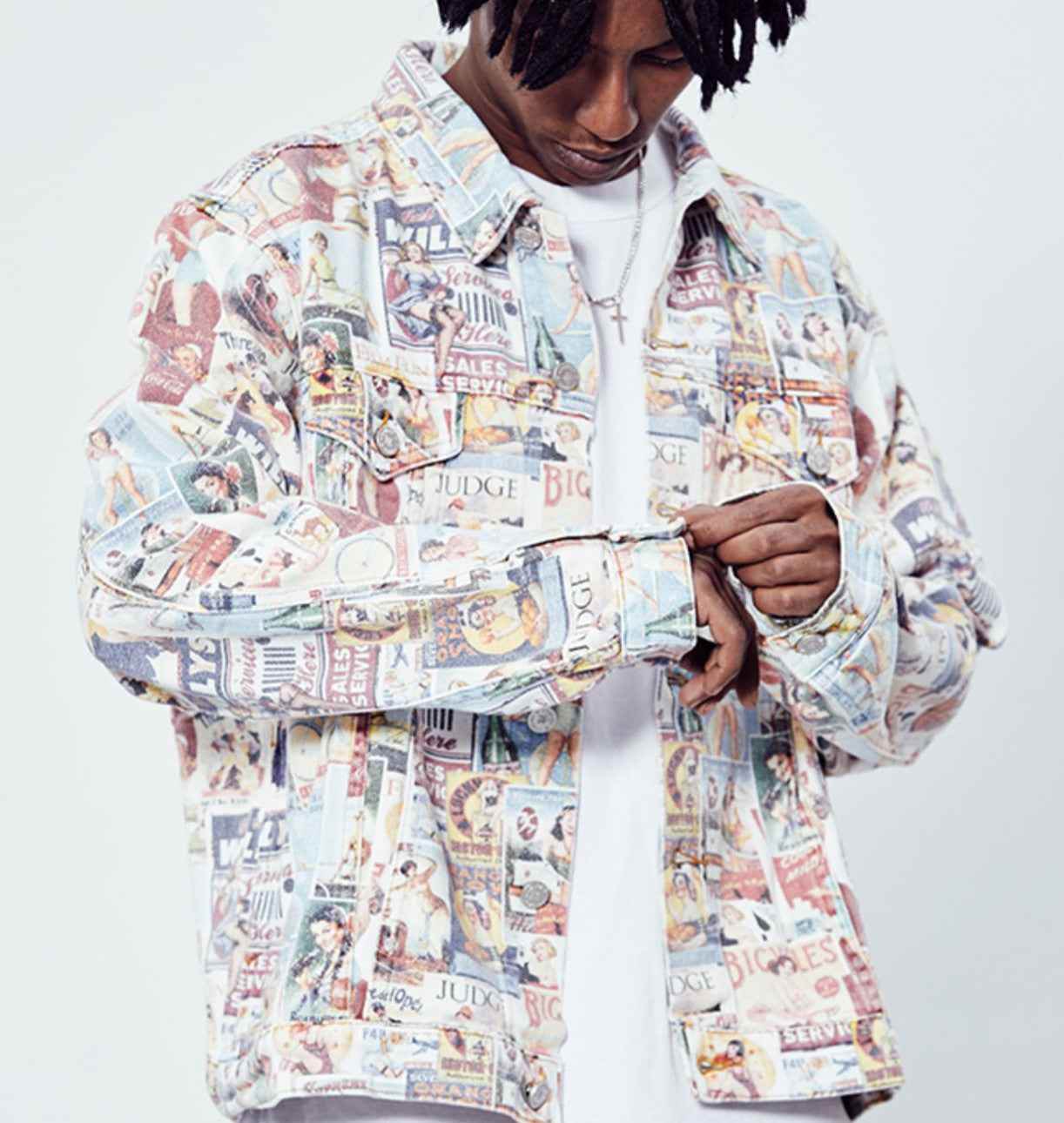 Hip Hop Washed Vintage Poster Cowboy Loose Coat For Men MuddyStock