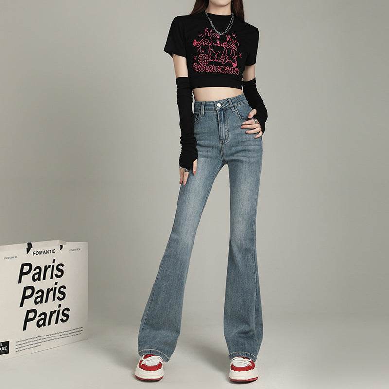 Orange Silk High Waist Flared Denim Pants Women's Wide Leg Floor Length Pants Retro Blue#Extended Length eprolo