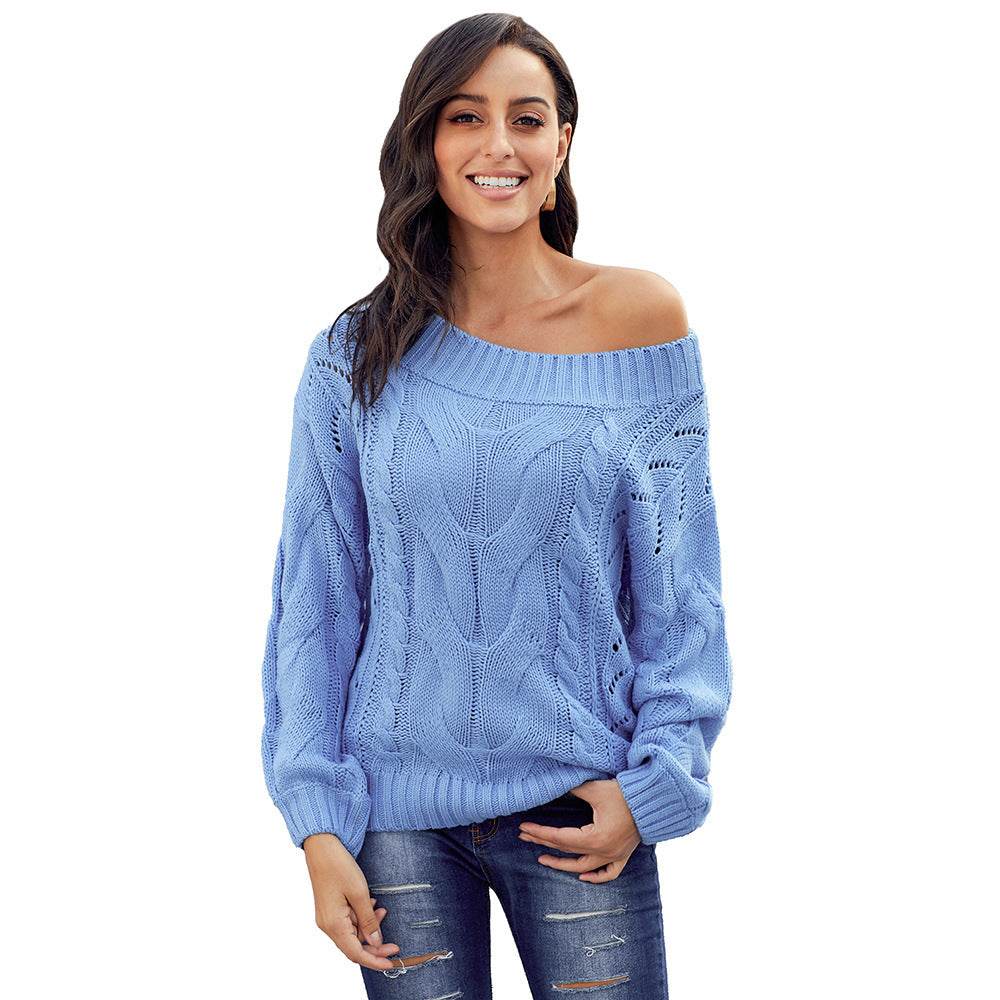 Thick Women's Diagonal Collar Long-sleeved Off-the-shoulder Loose Pullover Sweater Blue MuddyStock