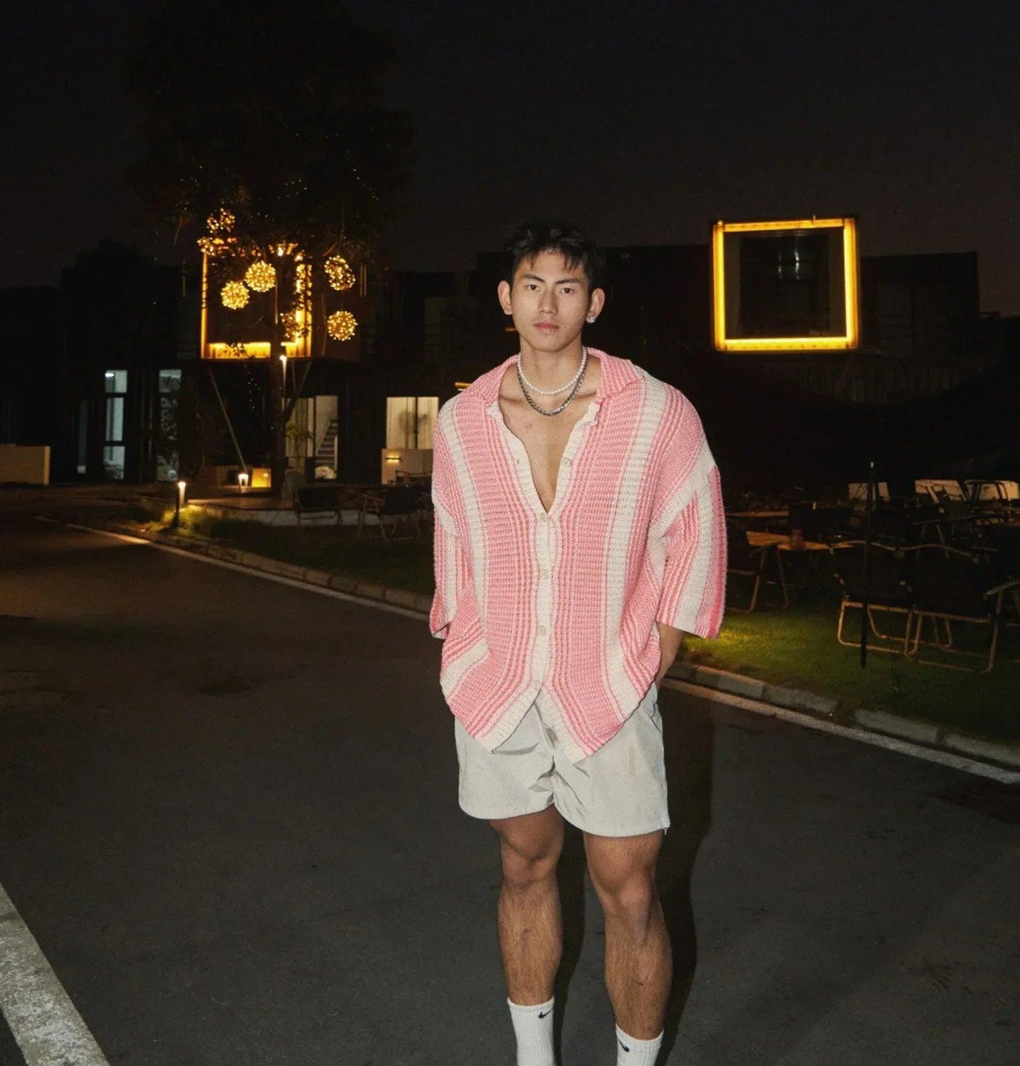 Loose casual lapel thin hollow knit shirt for men | MuddyStock Originals Pink