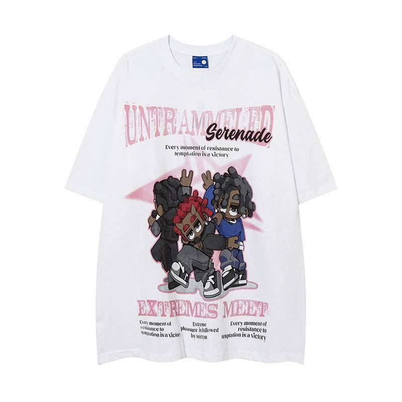 Cartoon Five-pointed Star Printed Short Sleeve For Men And Women White
