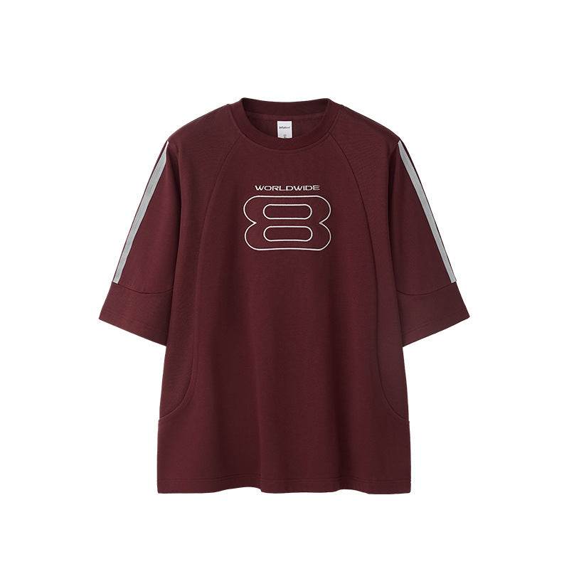 Stitching Sports Embroidery T-shirt American Style Loose Short Sleeve Dark Red MuddyStock