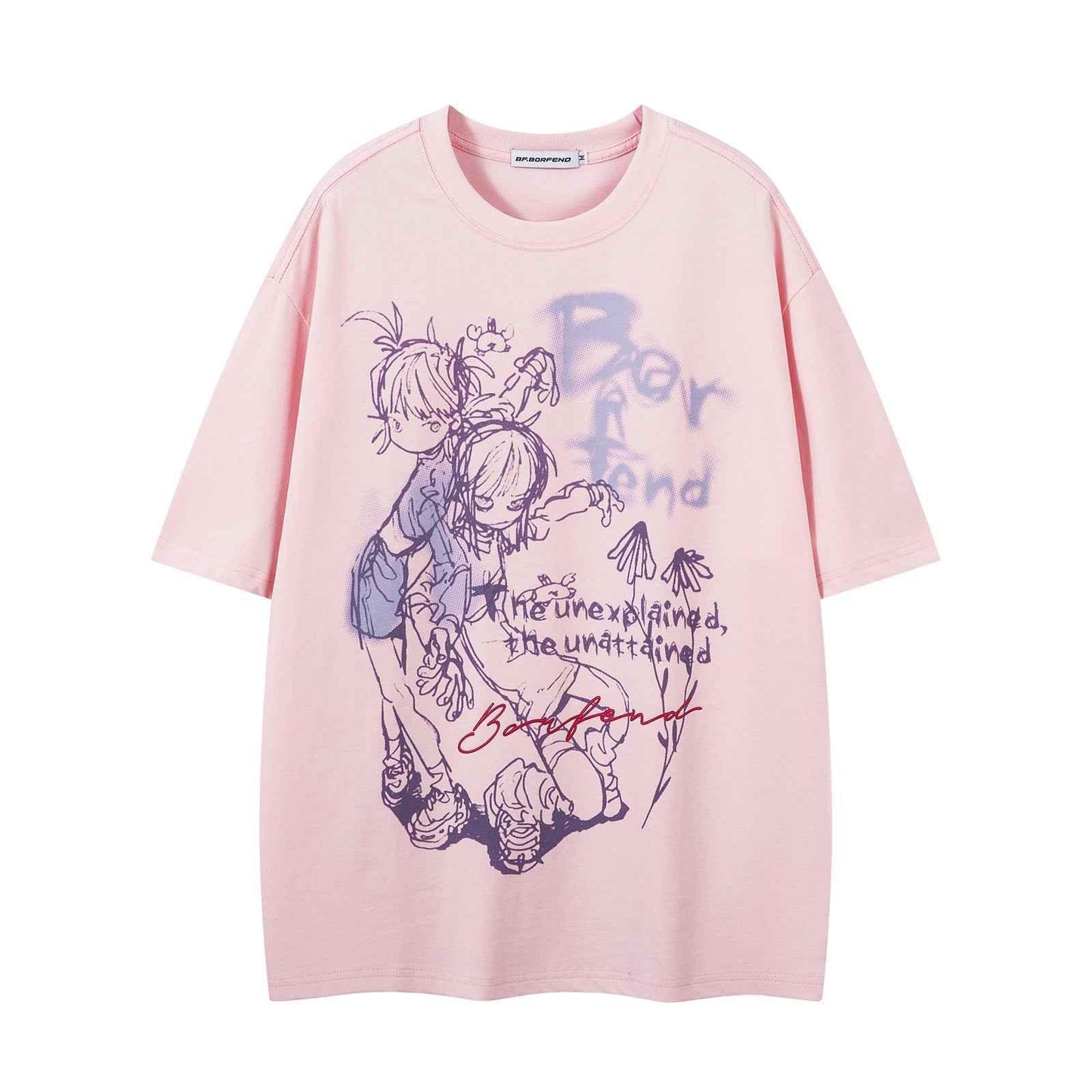 Cartoon Print Short Sleeve Oversize Casual Versatile T-Shirt for Men and Women | MuddyStock Originals Pink