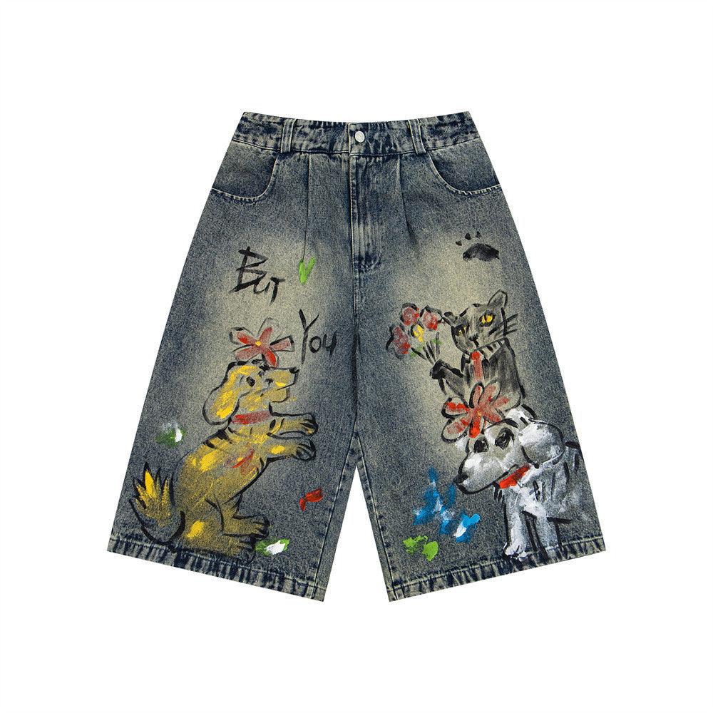 Dog graffiti cartoon straight leg denim shorts for women | MuddyStock Originals