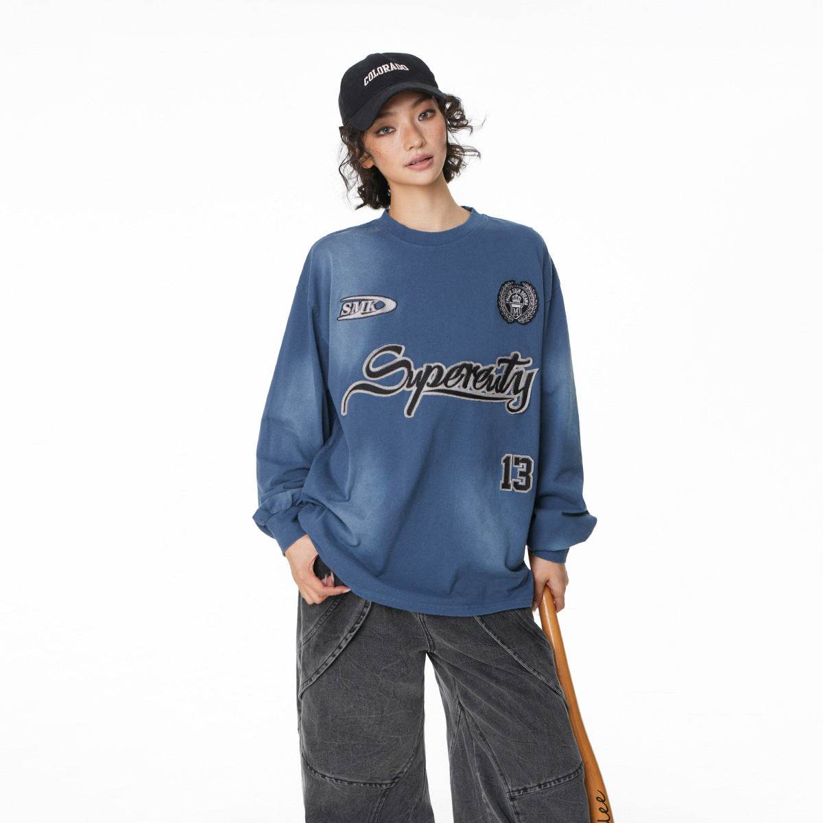 Washed patchwork embroidered sportswear round neck sweatshirt For Women | MuddyStock Originals MuddyStock