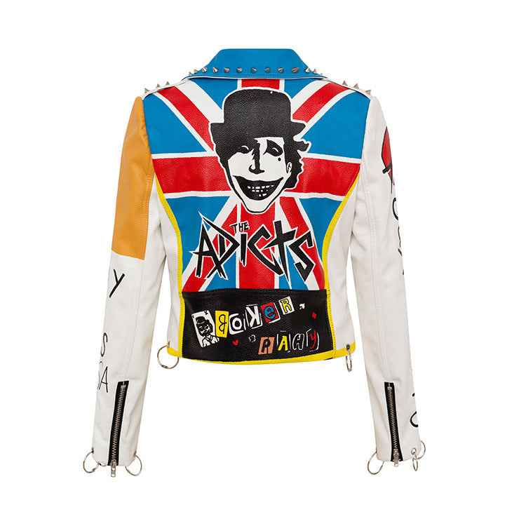 Personalized Graffiti Print Motorcycle Leather Jacket For Women MuddyStock